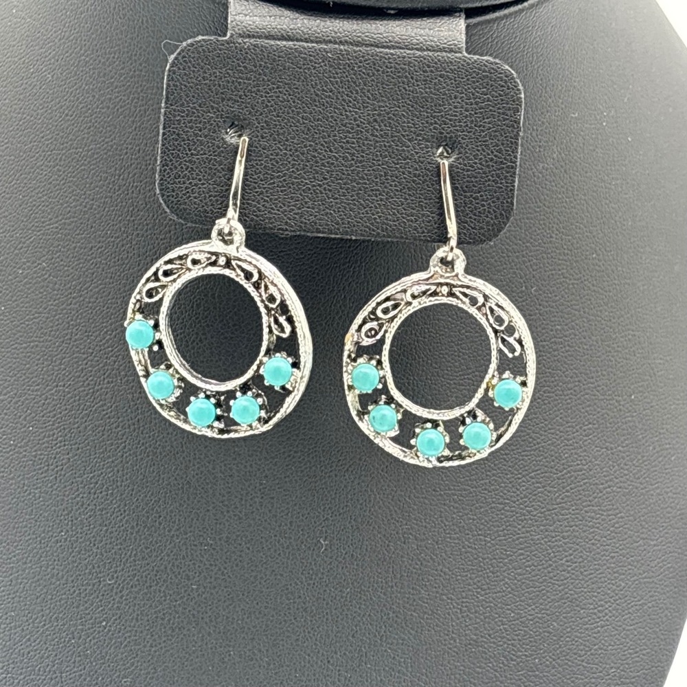 Turquoise Earrings Silver Tone Dro Filigree Boho